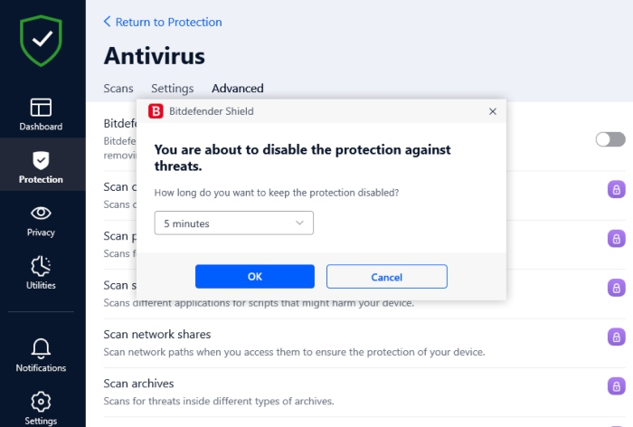Screenshot of Bitdefender interface