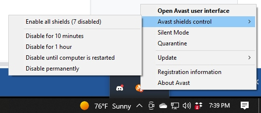 Hovering over Avast shields control