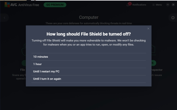 Screenshot of AVG interface
