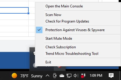 Screenshot of right clicking the Trend Micro logo